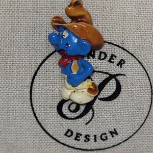 Vintage 1980s Peyo Smurf Cowboy Pendant Necklace With Gold Tone Chain